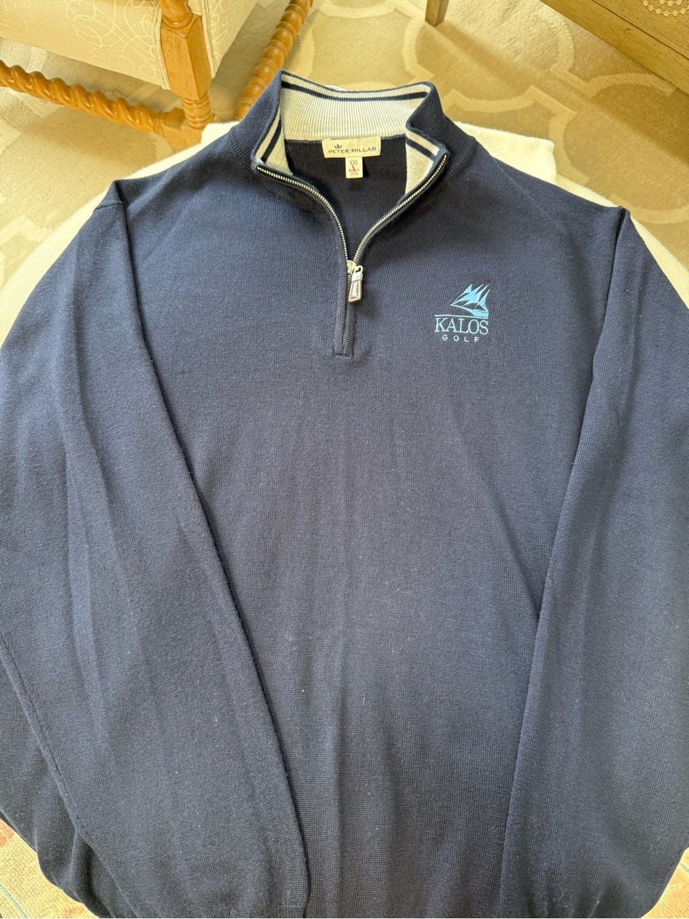 Peter Millar Navy Quarter-Zip Wool & Silk Sweater with Light Blue Kalos Logo